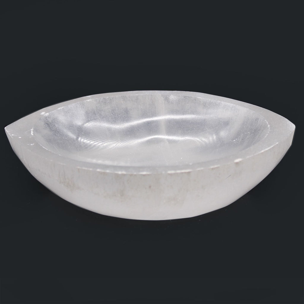 Pointed oval selenite bowl, polished inside with a raw white rim - view 6