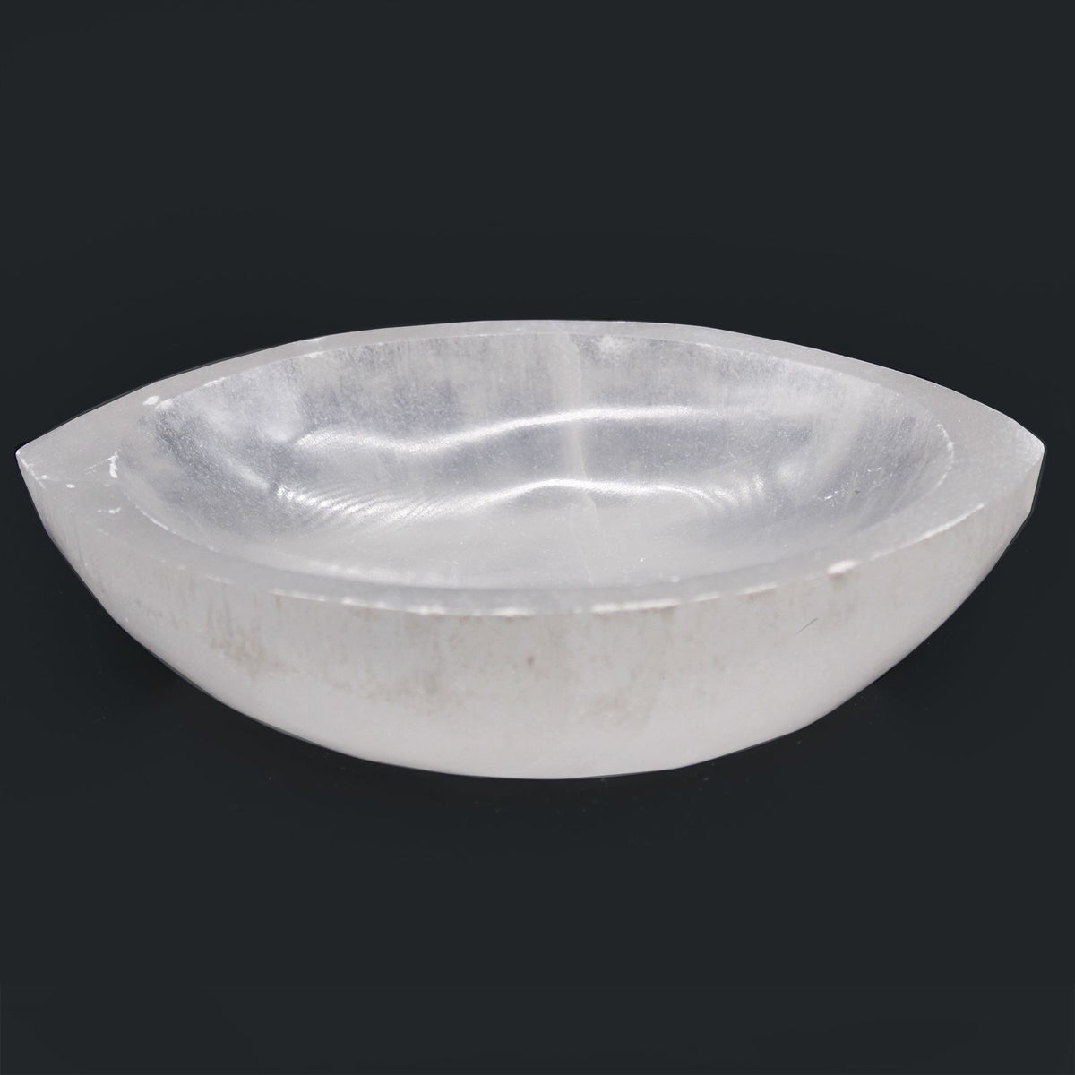 Pointed oval selenite bowl, polished inside with a raw white rim - view 6