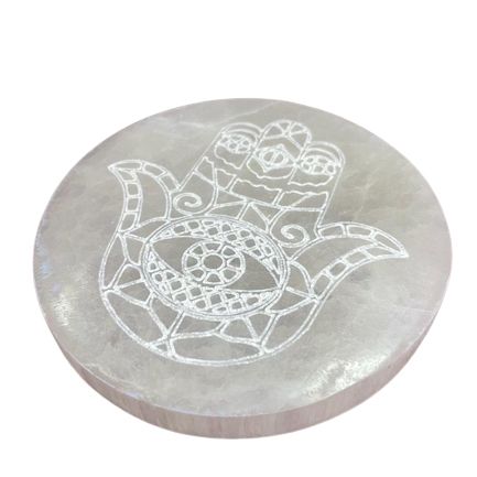 Medium round selenite charging plate engraved with a hamsa hand - view 3