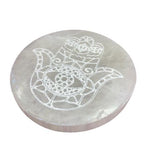 Medium round selenite charging plate engraved with a hamsa hand - view 3