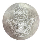 Medium round selenite charging plate engraved with a hamsa hand