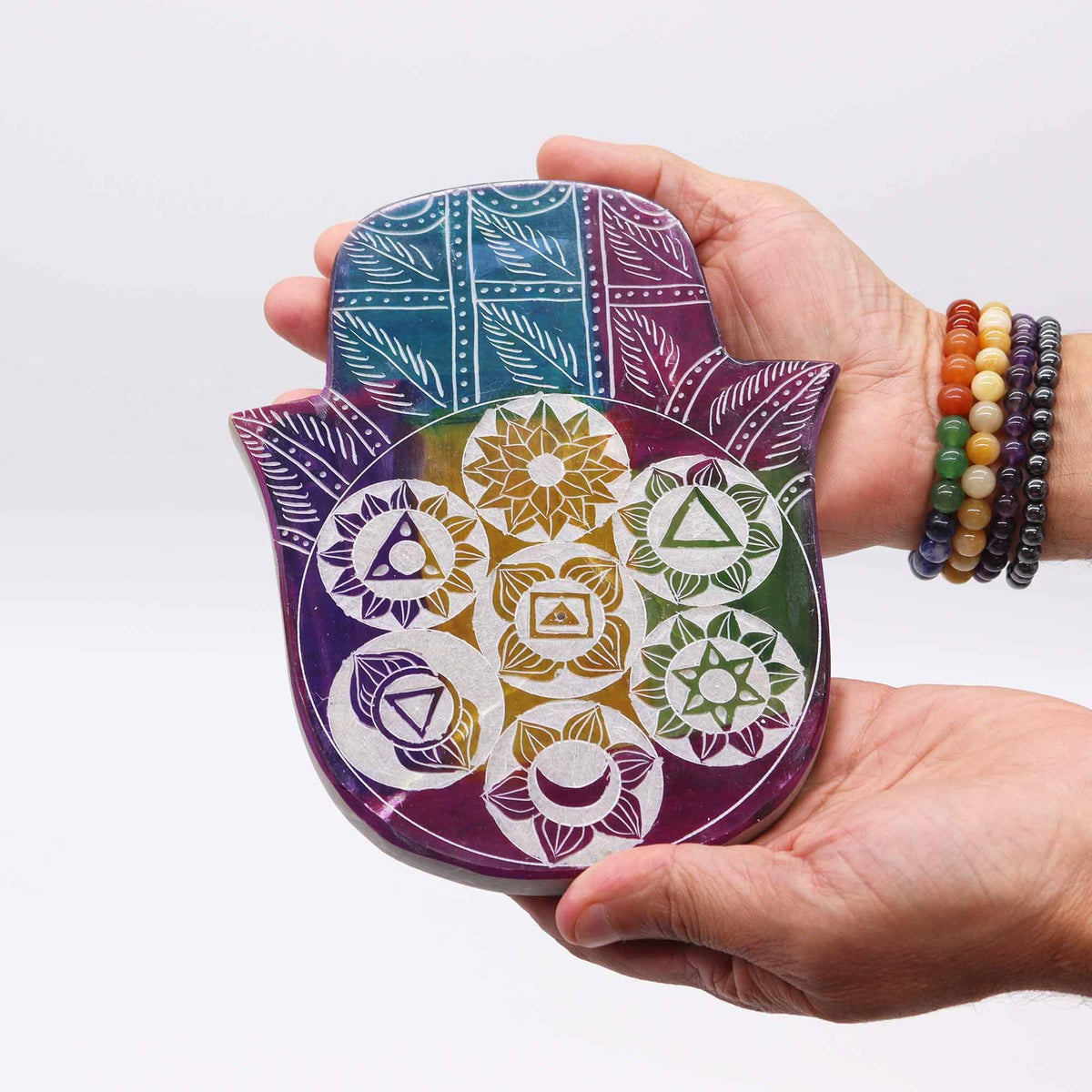 Soapstone Lrg Hamsa Incense Holder - 7 Chakra - view 2