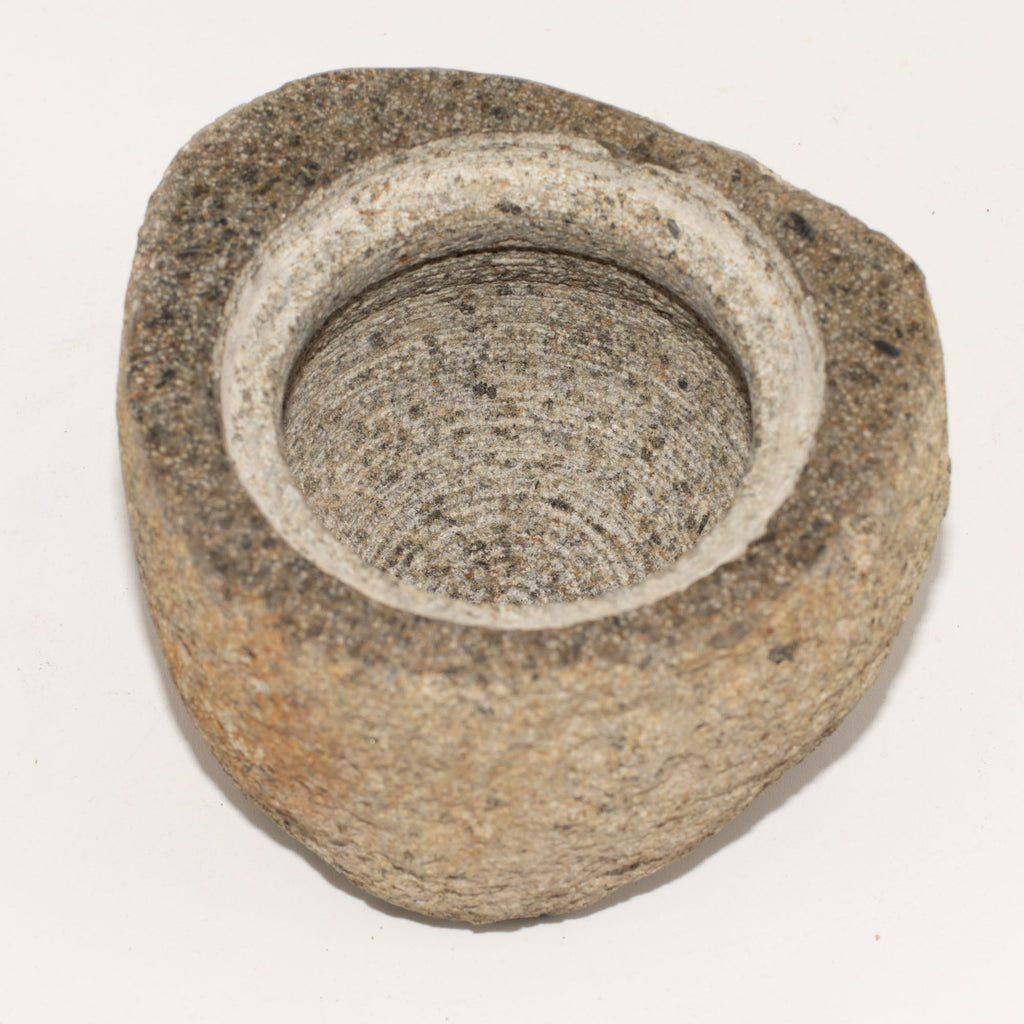 Medium grounding pot carved from a single riverstone, with a fitted stone lid, rough outside and smooth within - view 5