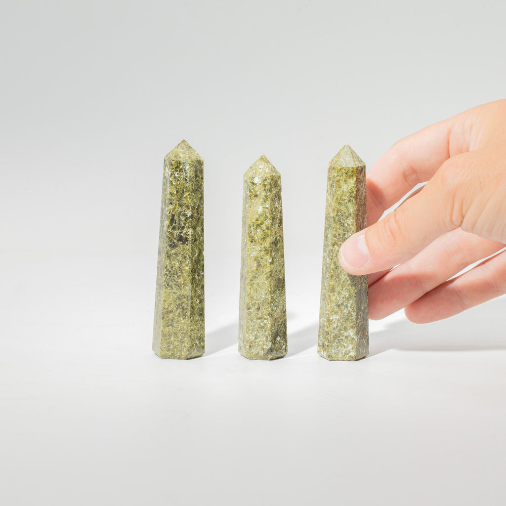 Deep green epidote six face obelisk point with natural veining - view 2