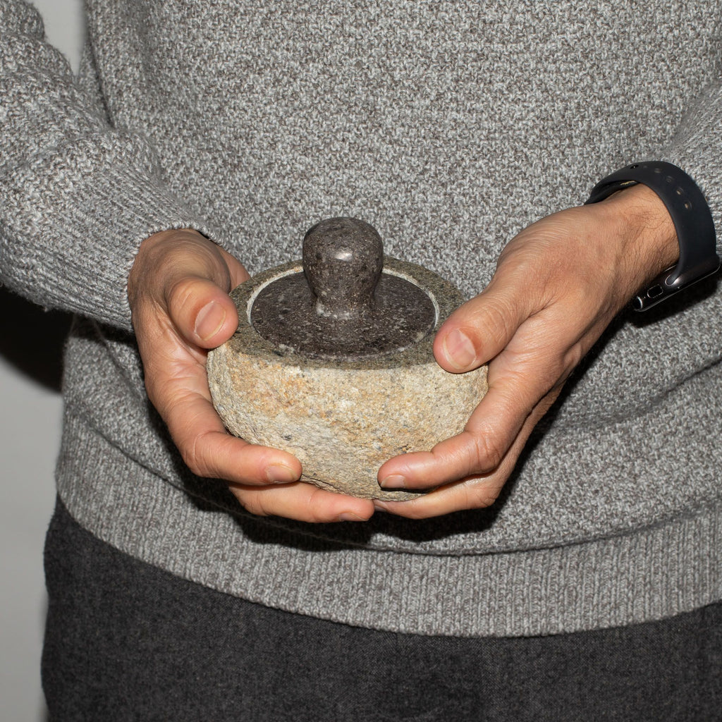 Medium grounding pot carved from a single riverstone, with a fitted stone lid, rough outside and smooth within - view 8
