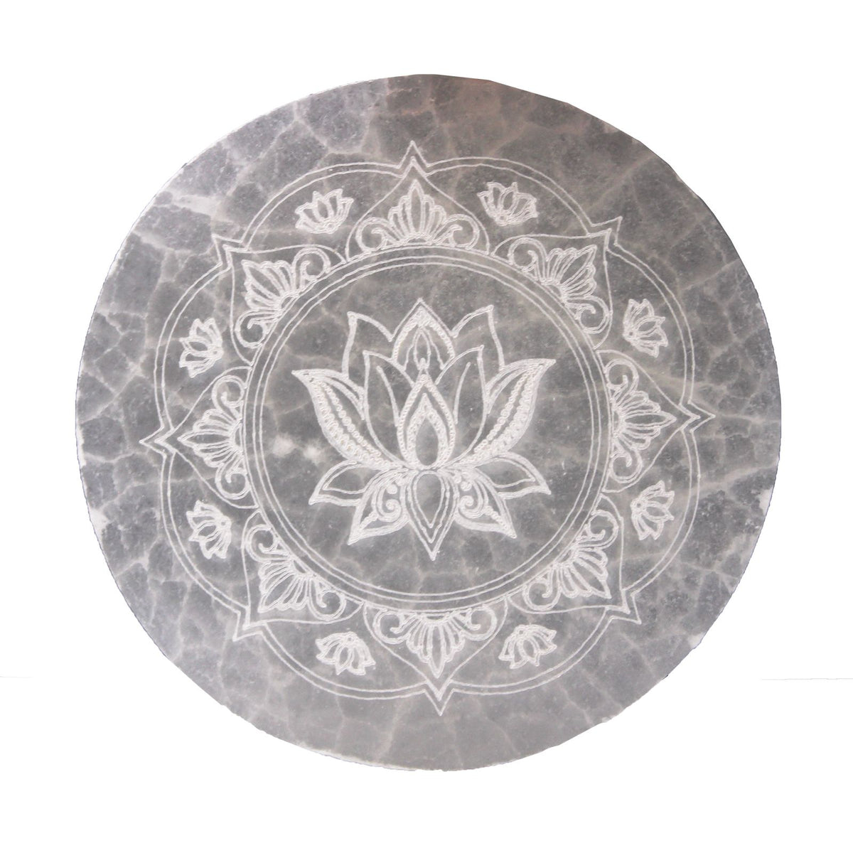 Medium round selenite charging plate engraved with a lotus mandala - view 2