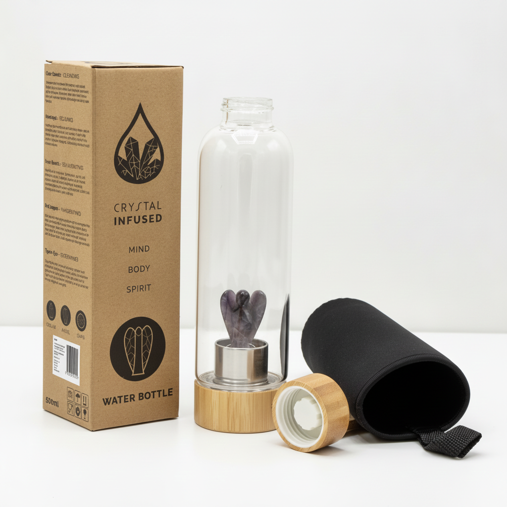 Amethyst crystal glass water bottle with a carved angel inside on a clean white surface against a white wall