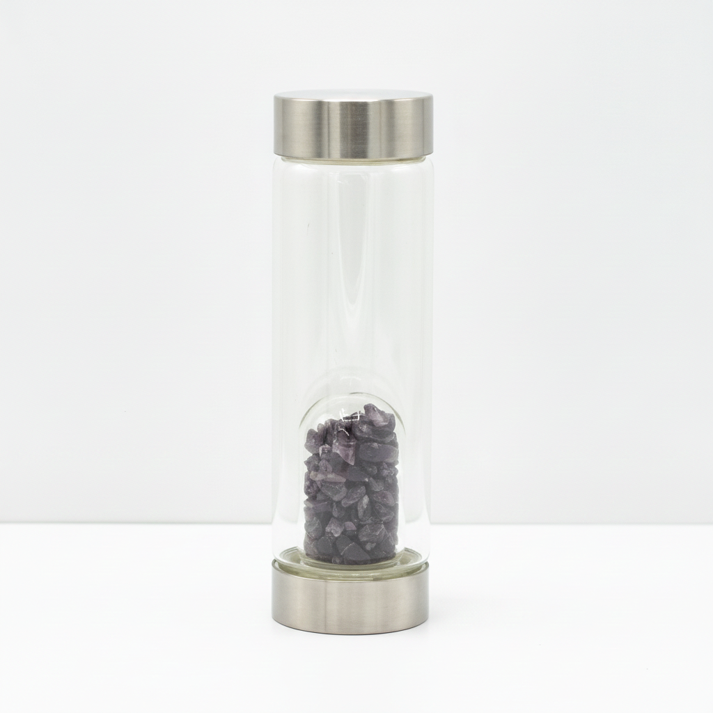 Amethyst crystal glass water bottle with crystal chips inside on a clean white surface against a white wall