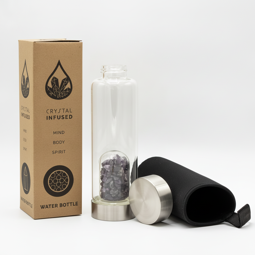 Amethyst crystal glass water bottle with crystal chips inside on a clean white surface against a white wall