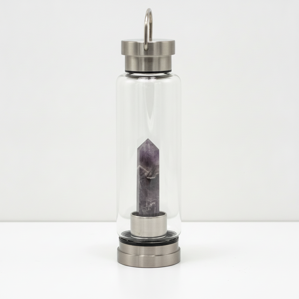 Amethyst crystal glass water bottle with an obelisk inside on a clean white surface against a white wall
