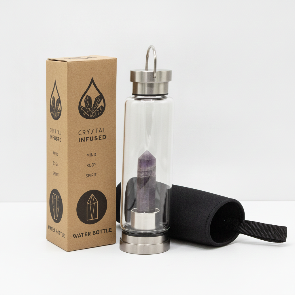 Amethyst crystal glass water bottle with an obelisk inside on a clean white surface against a white wall