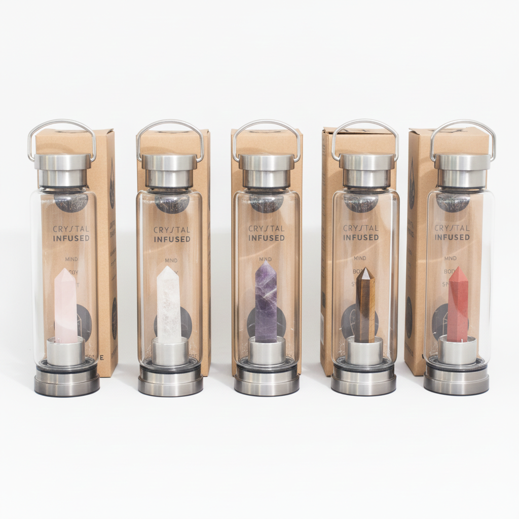 Amethyst crystal glass water bottle with an obelisk inside on a clean white surface against a white wall