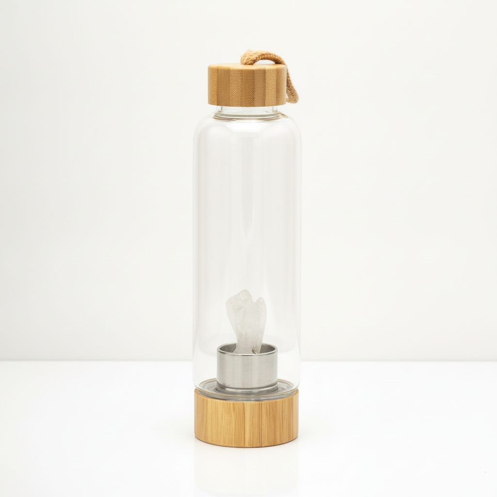 Clear quartz crystal glass water bottle with a carved angel inside on a clean white surface against a white wall
