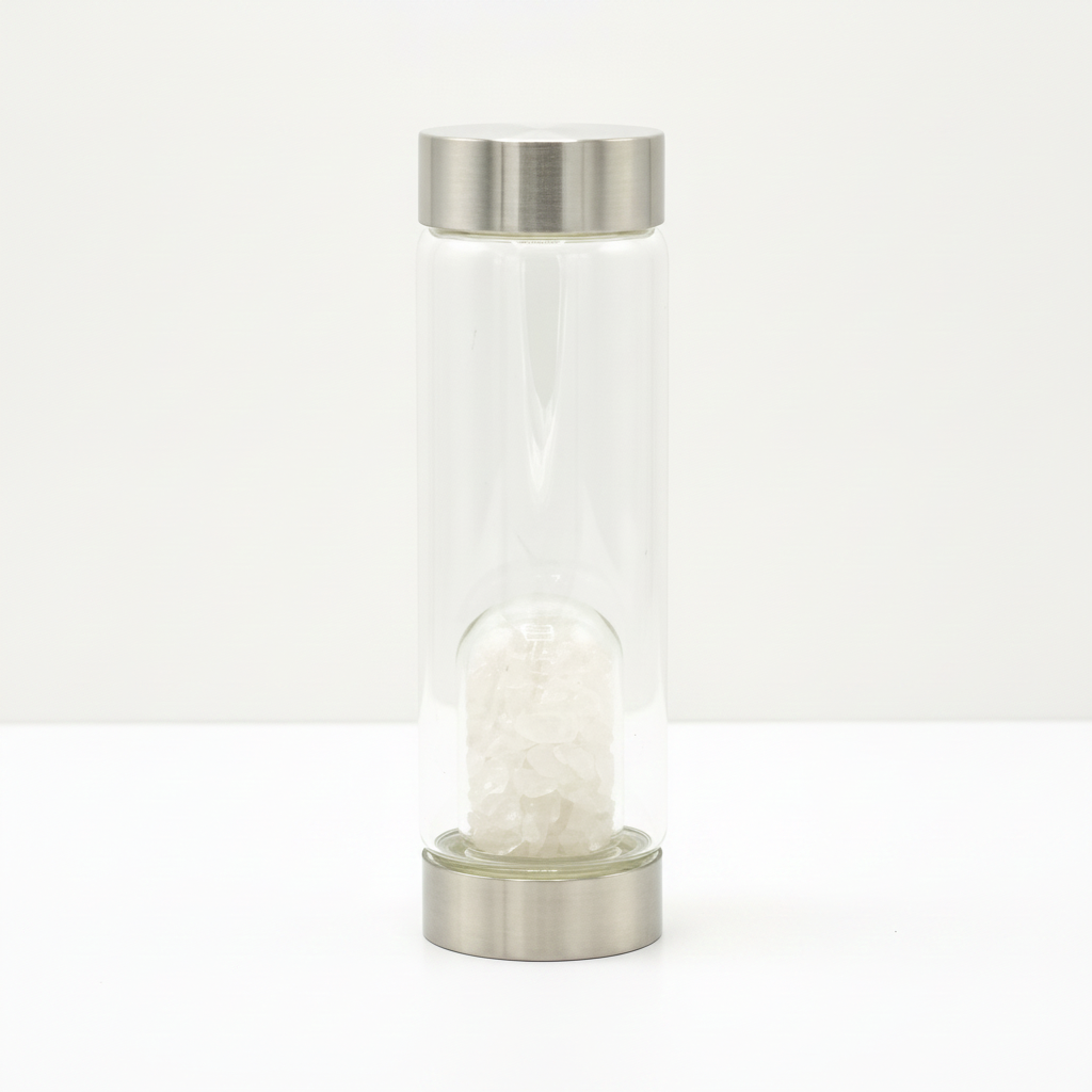 Clear quartz crystal glass water bottle with crystal chips inside on a clean white surface against a white wall