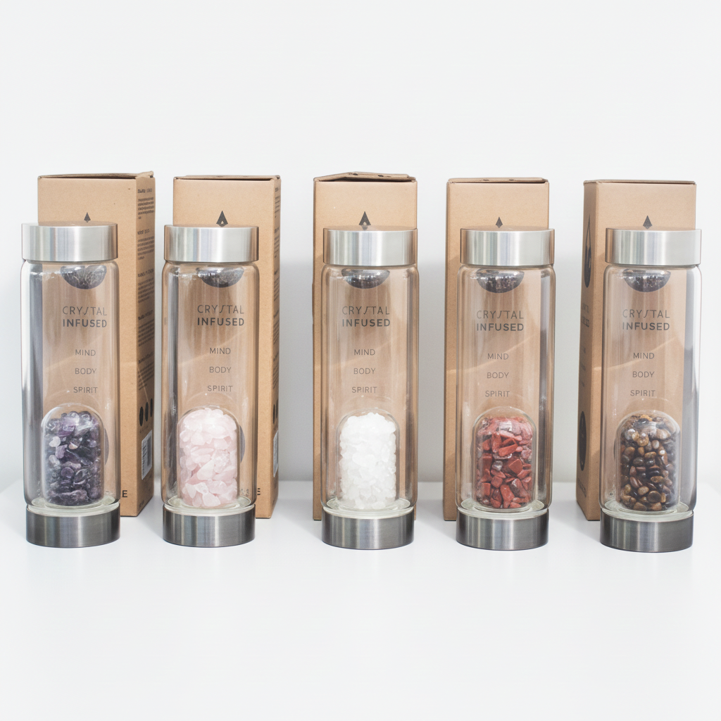 Clear quartz crystal glass water bottle with crystal chips inside on a clean white surface against a white wall