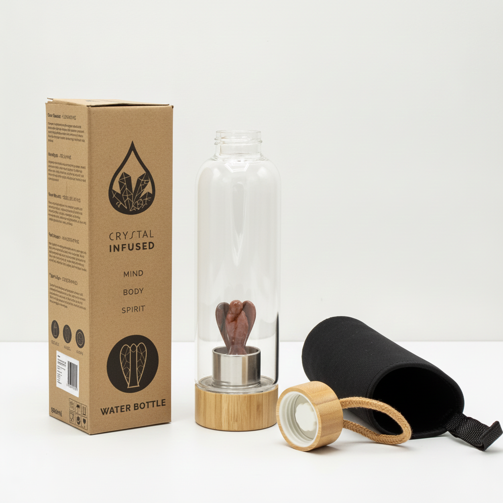 Red jasper crystal glass water bottle with a carved angel inside on a clean white surface against a white wall