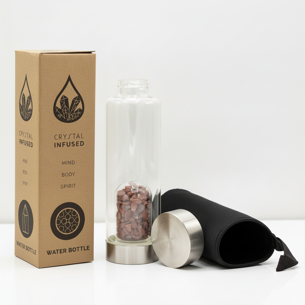 Red jasper crystal glass water bottle with crystal chips inside on a clean white surface against a white wall