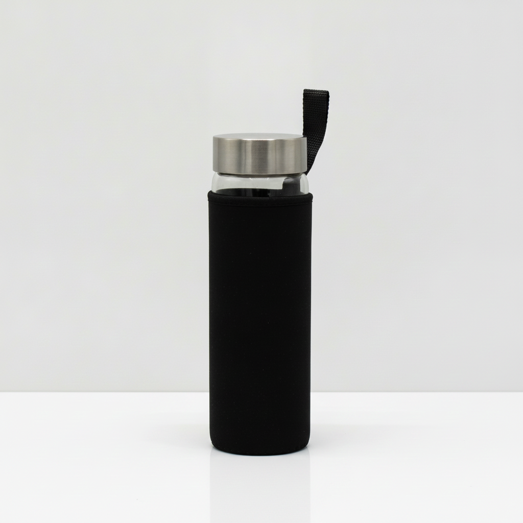 Red jasper crystal glass water bottle with crystal chips inside on a clean white surface against a white wall