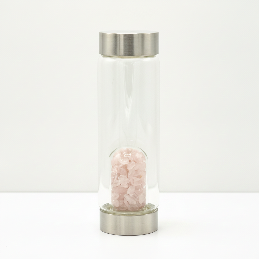 Rose quartz crystal glass water bottle with crystal chips inside on a clean white surface against a white wall