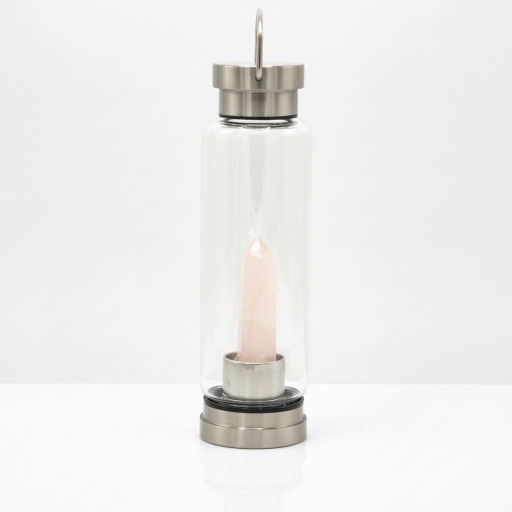 Rose quartz crystal glass water bottle with an obelisk inside on a clean white surface against a white wall