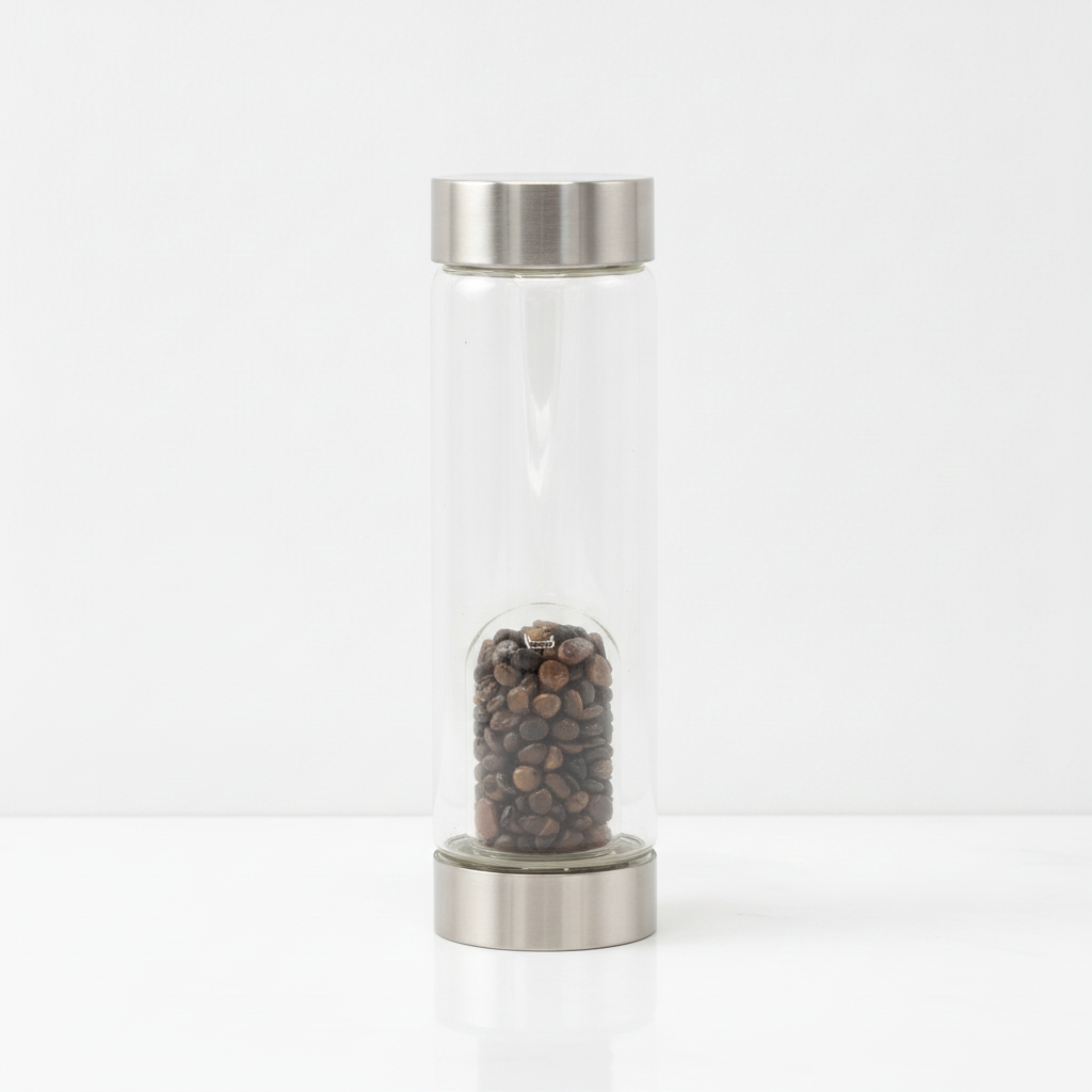 Tiger's eye crystal glass water bottle with crystal chips inside on a clean white surface against a white wall