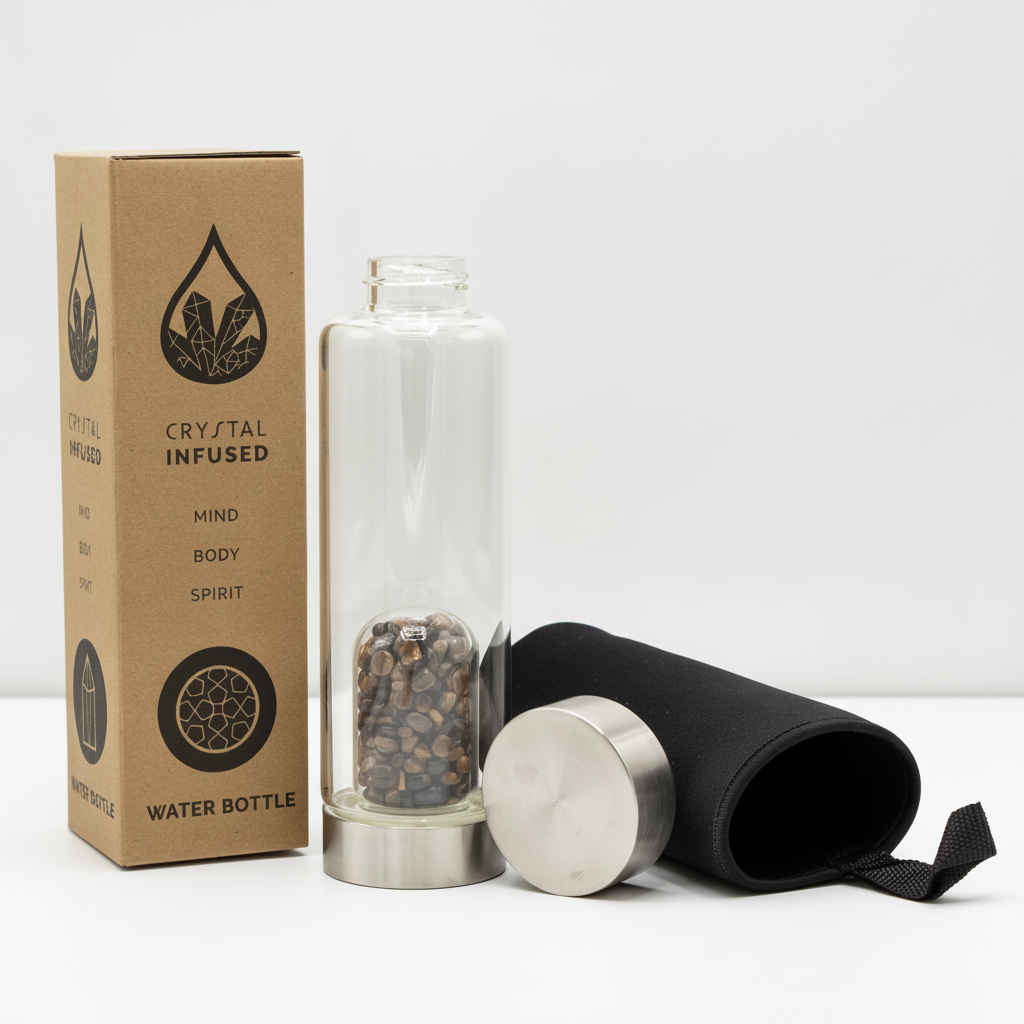 Tiger's eye crystal glass water bottle with crystal chips inside on a clean white surface against a white wall