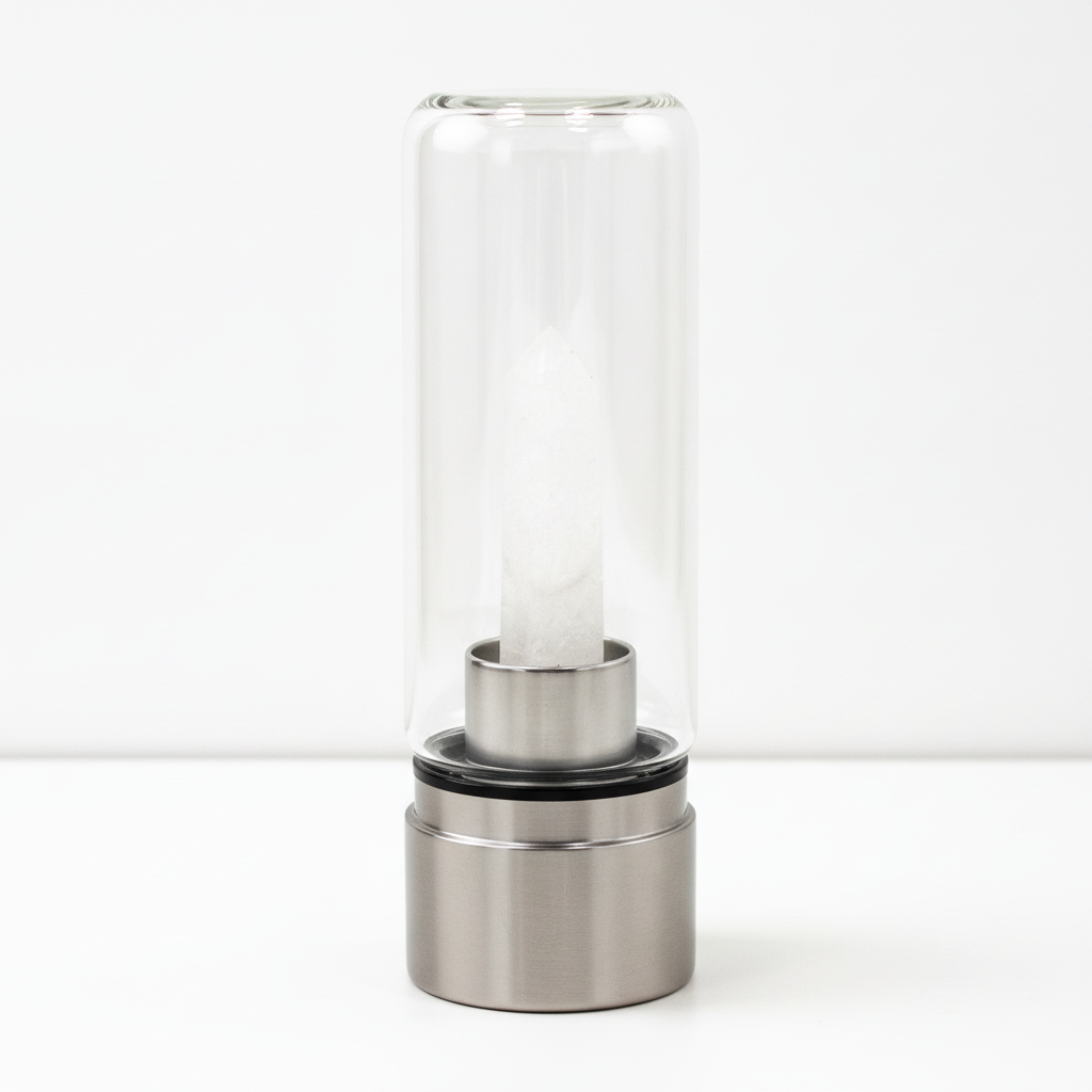 Clear quartz crystal glass water bottle on a clean white surface against a white wall