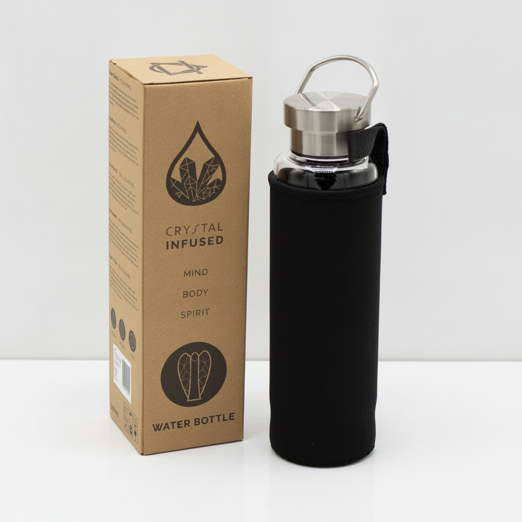 Clear quartz crystal glass water bottle on a clean white surface against a white wall