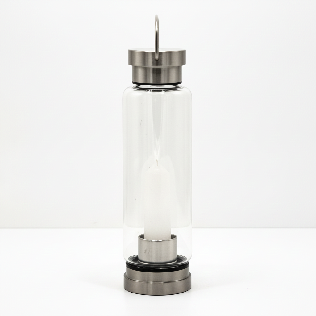 Clear quartz crystal glass water bottle on a clean white surface against a white wall