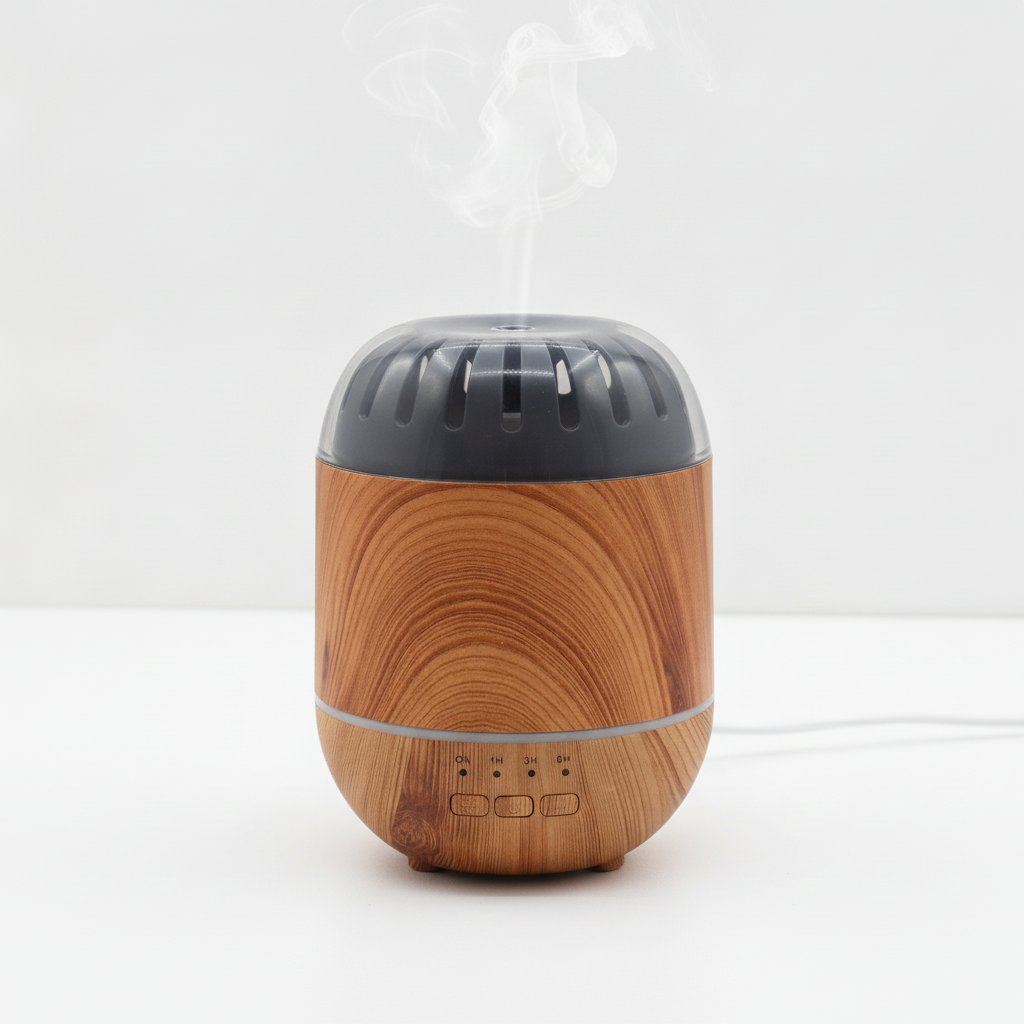 Copenhagen wood-effect aroma diffuser on a clean white surface against a white wall