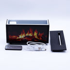 Black flame effect diffuser with its lid, remote control and USB cable laid out
