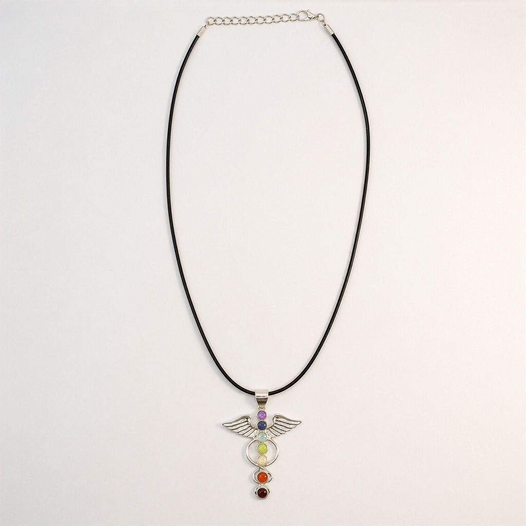 Angel wing pendant with seven chakra stones on a black cord with an adjustable chain