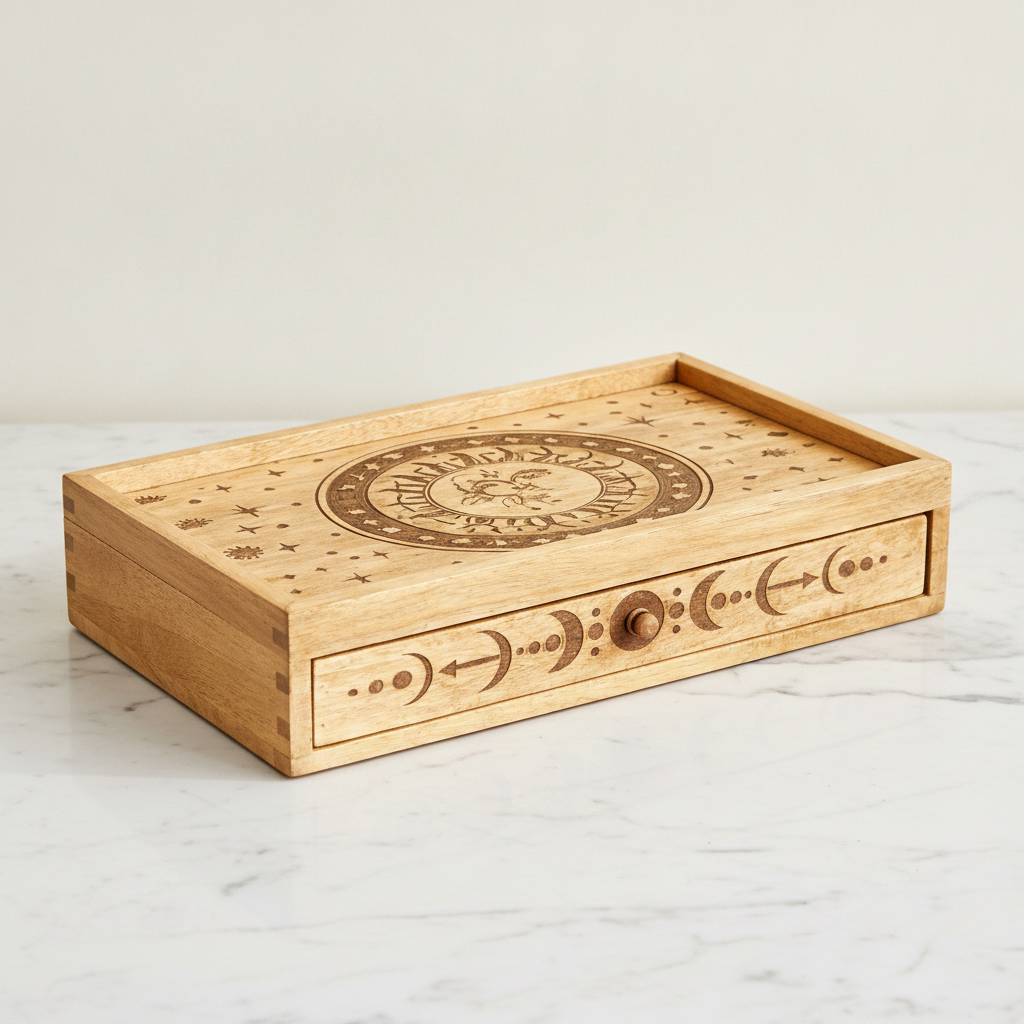 Sun Moon Carved Tarot Box with Drawer