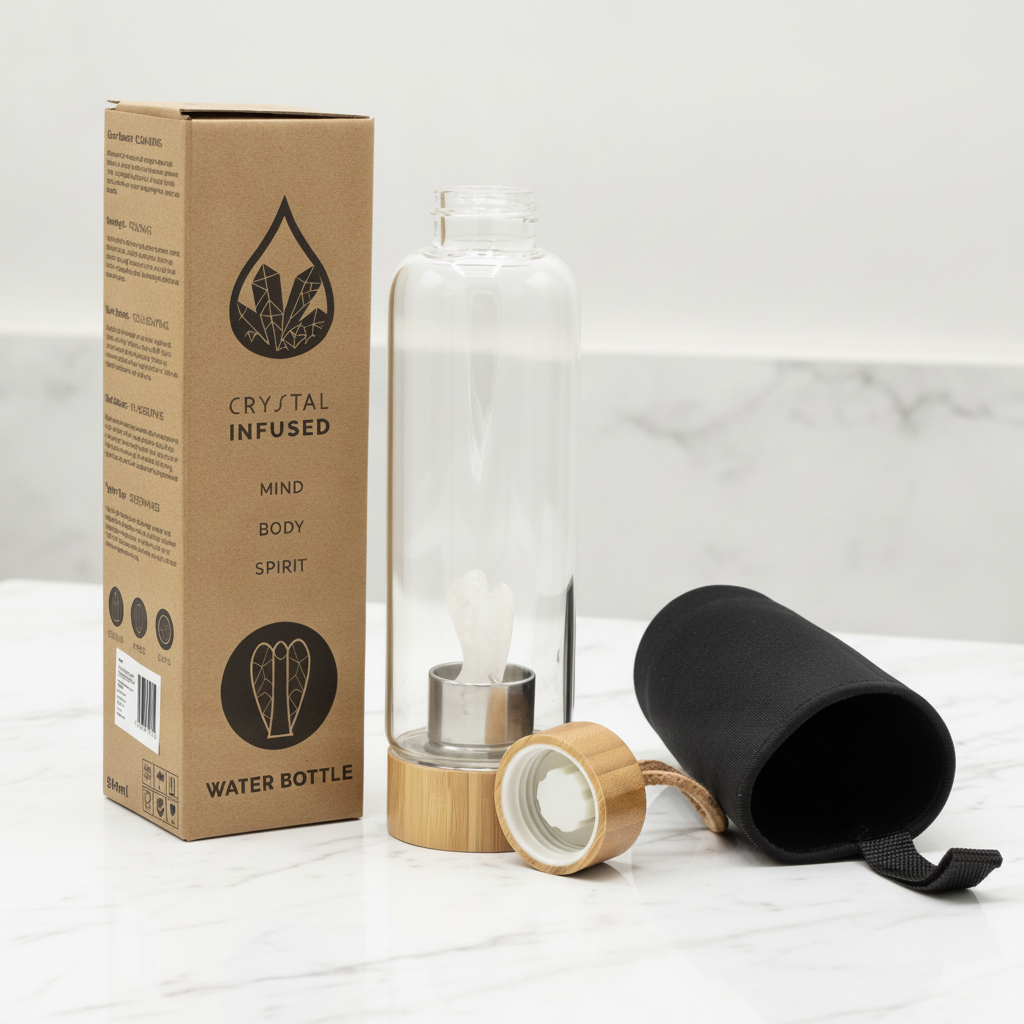Clear Quartz Crystal Water Bottle 500ml - Glass Bottle with Carved Angel and Bamboo Lid