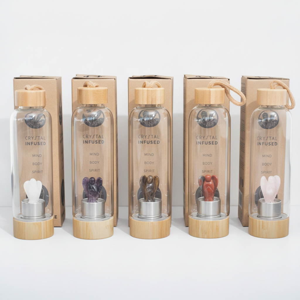 Five crystal infused glass water bottles in a row, each with a different carved crystal inside