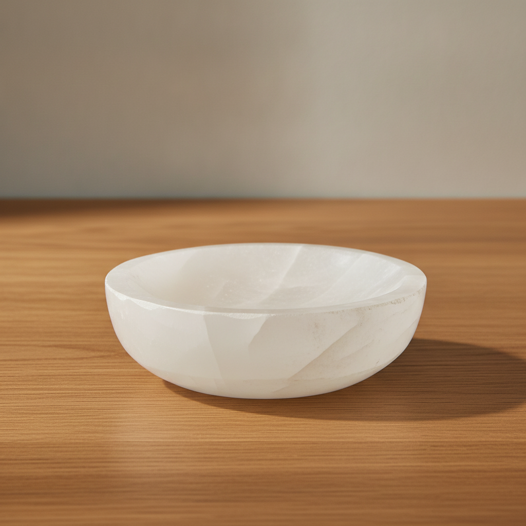 Round selenite bowl, polished inside with a raw white outer wall