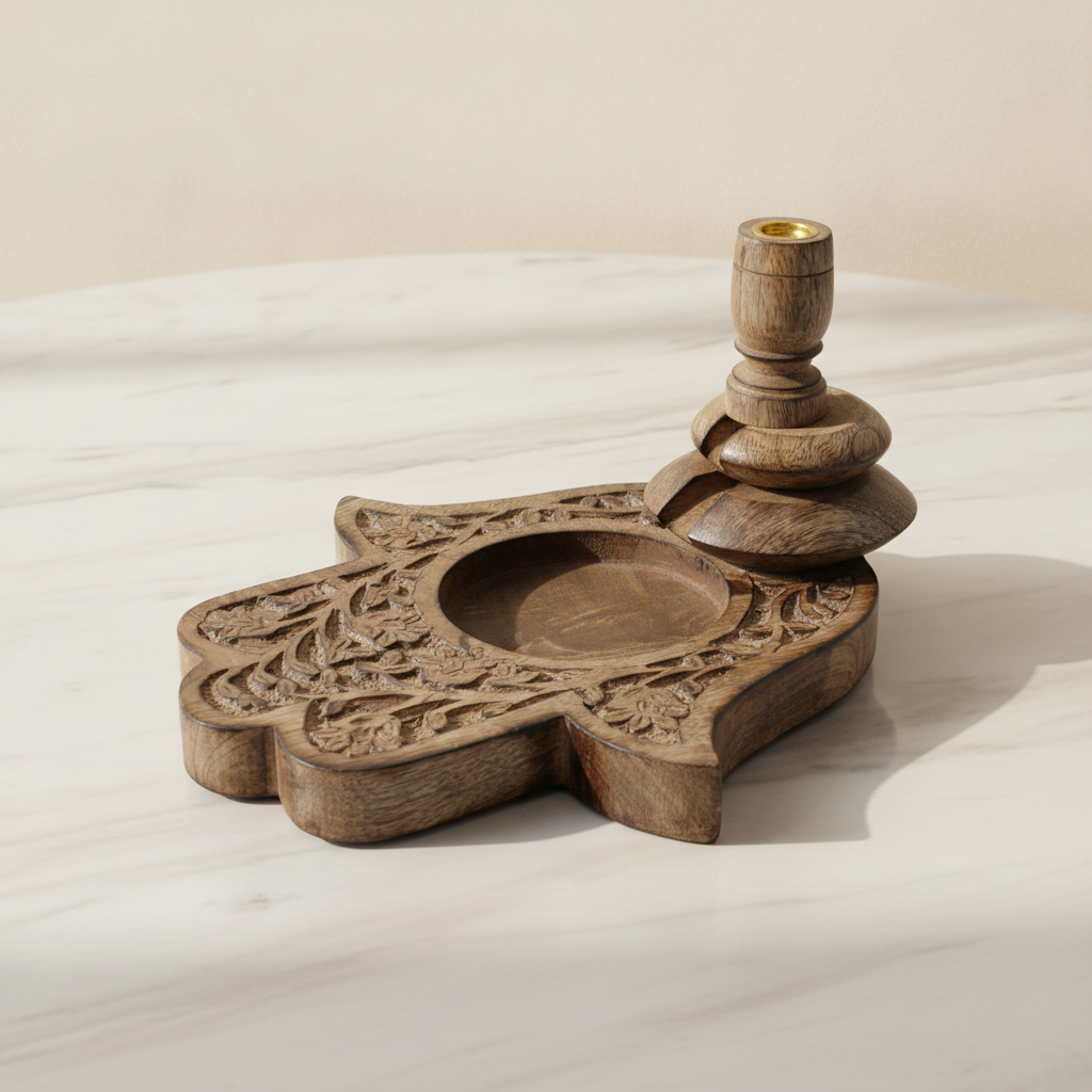 Lrg Mango Wood Backflow Burner - Hamsa