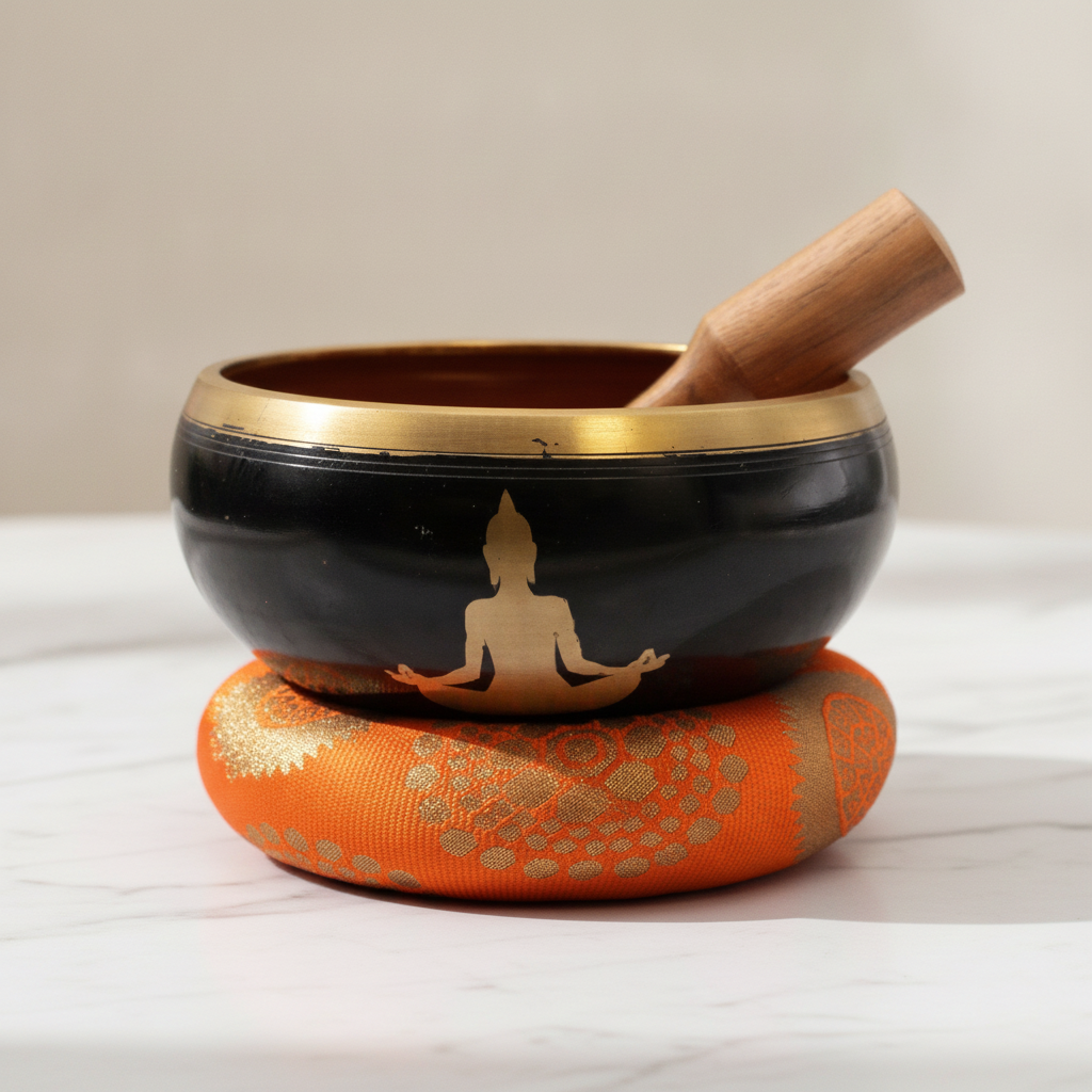 Large Buddha Singing Bowl Set - Black/Orange