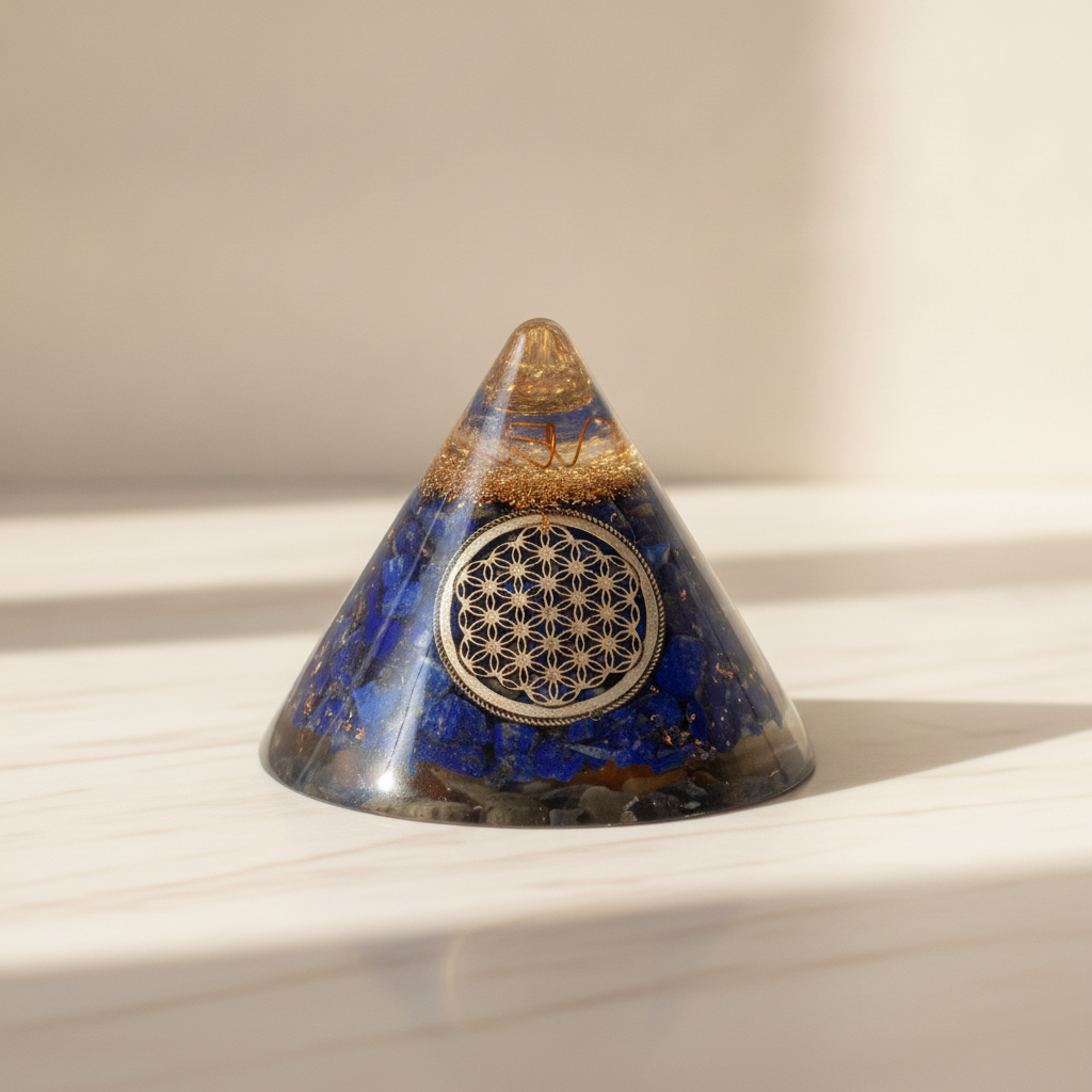 Orgonite Cone - Lapis Flower of Life - Suspended Quartz - 90 mm
