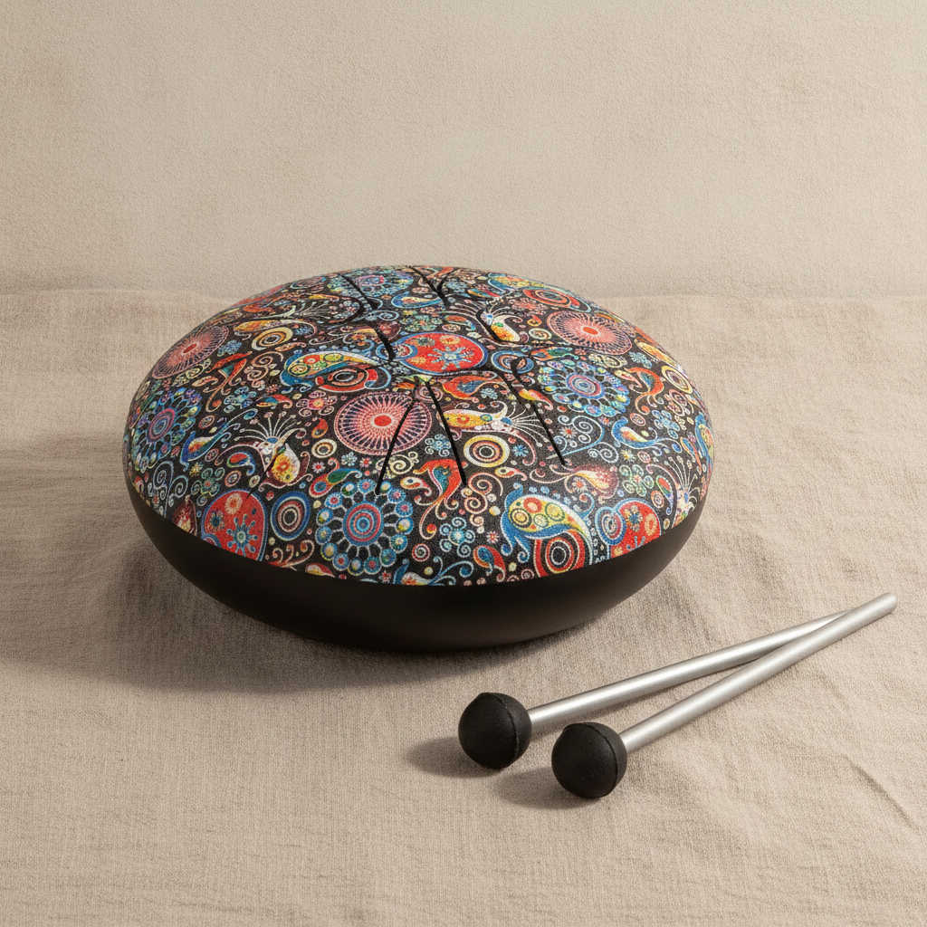 Small multi coloured steel tongue drum with two beaters on natural linen