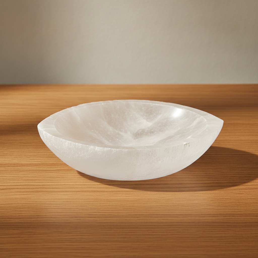 Pointed oval selenite bowl, polished inside with a raw white rim