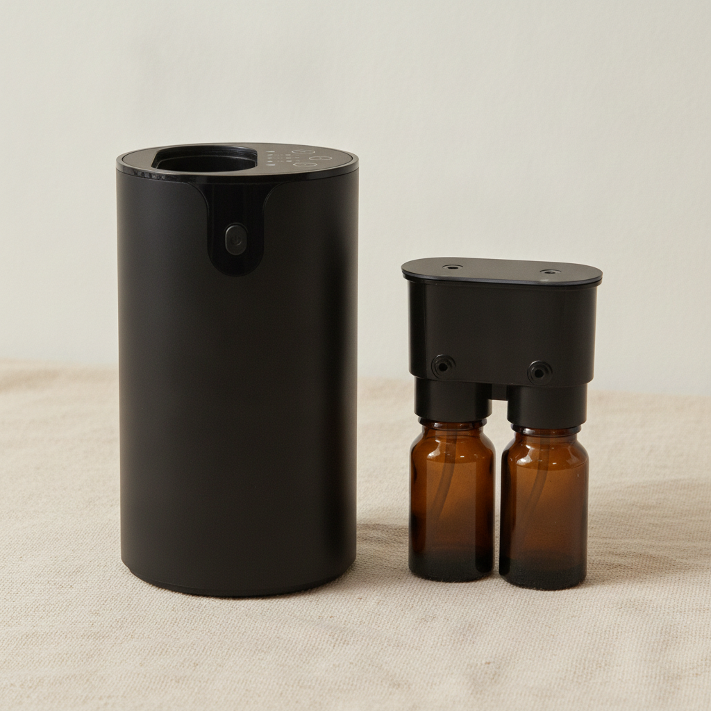 Double waterless essential oil nebuliser with two oil bottles on cotton canvas
