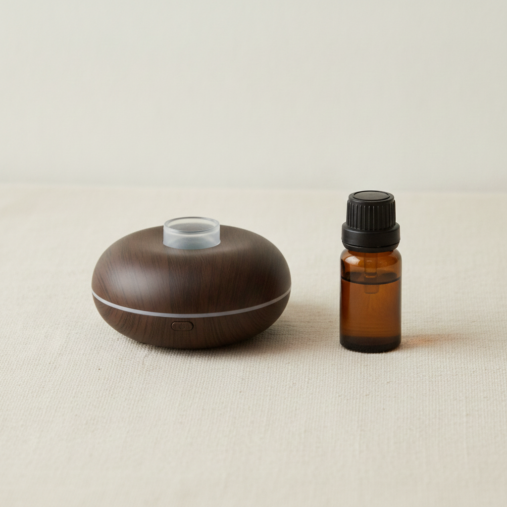Mini single waterless essential oil nebuliser in dark wood finish