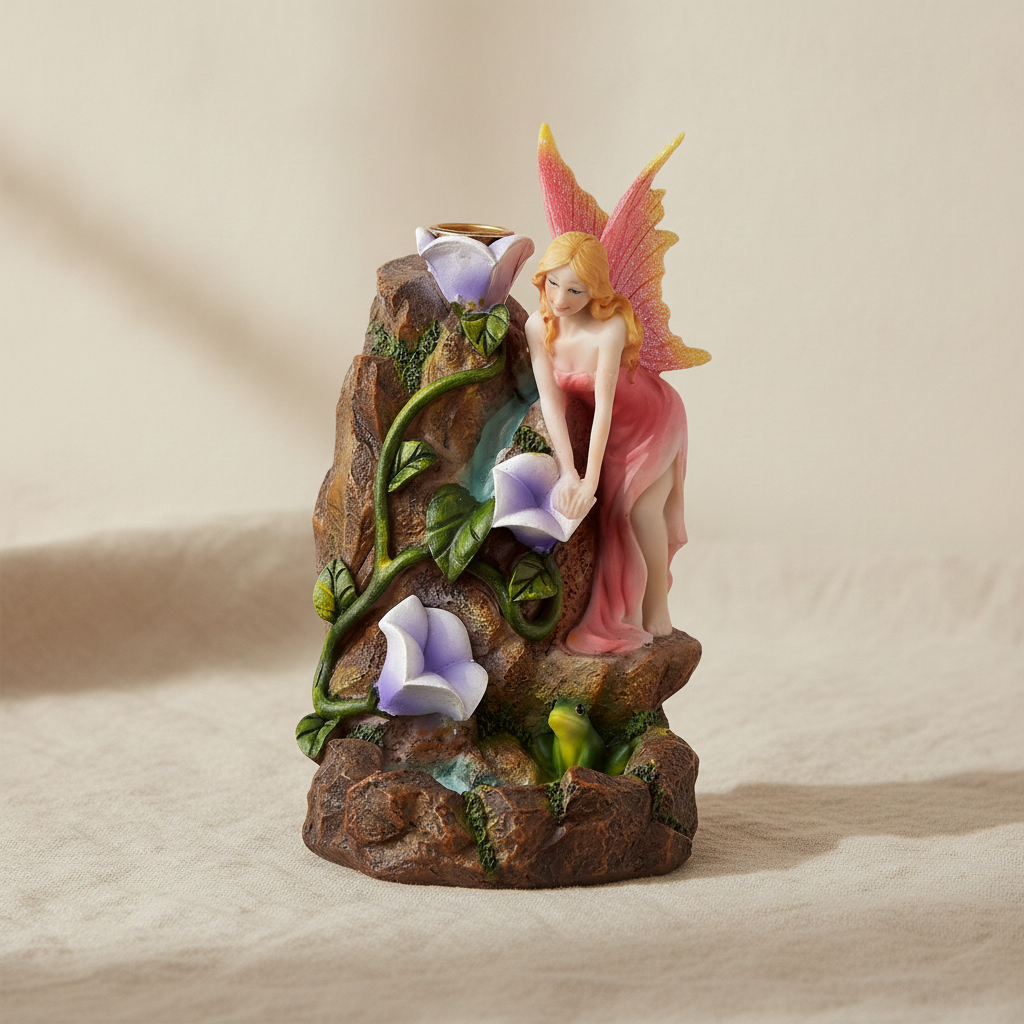 Fairy flower garden waterfall backflow incense burner on natural linen