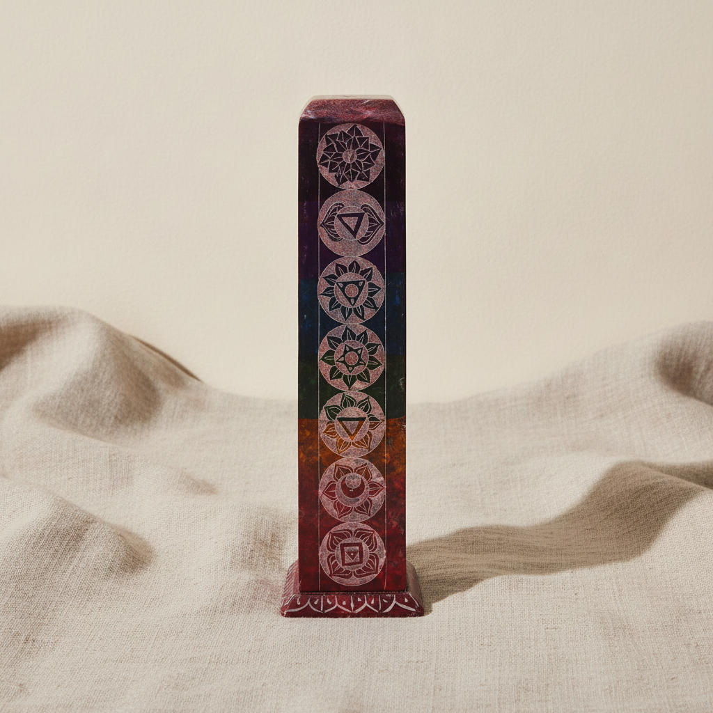 Soapstone square tower incense holder with seven chakra symbols on natural linen