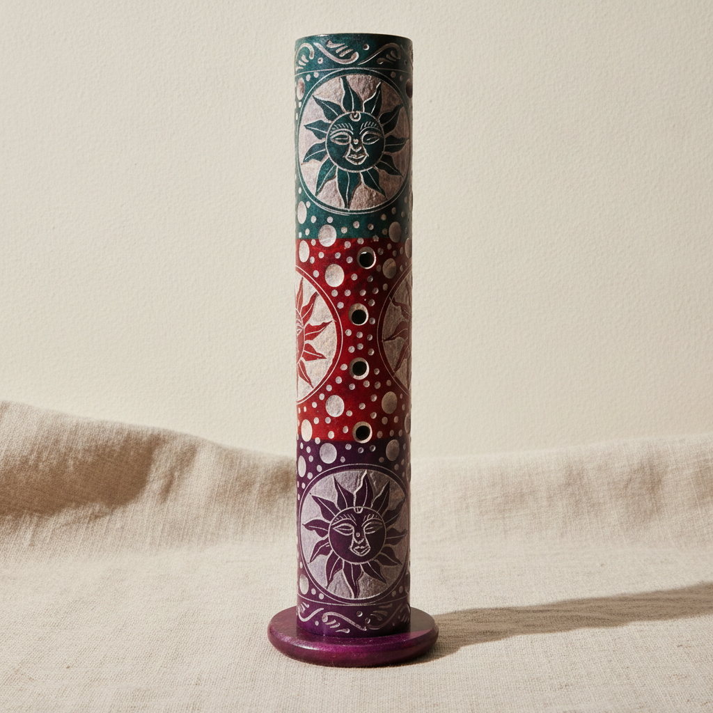 Soapstone round tower incense holder with sun motifs on natural linen