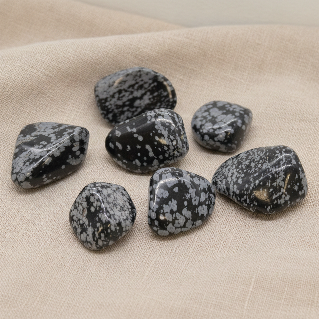 Extra large snowflake obsidian tumble stones on natural linen