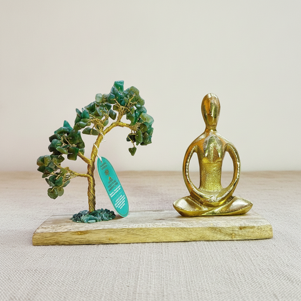 Green aventurine gemstone yoga garden with tilted tree and meditating figure on natural linen