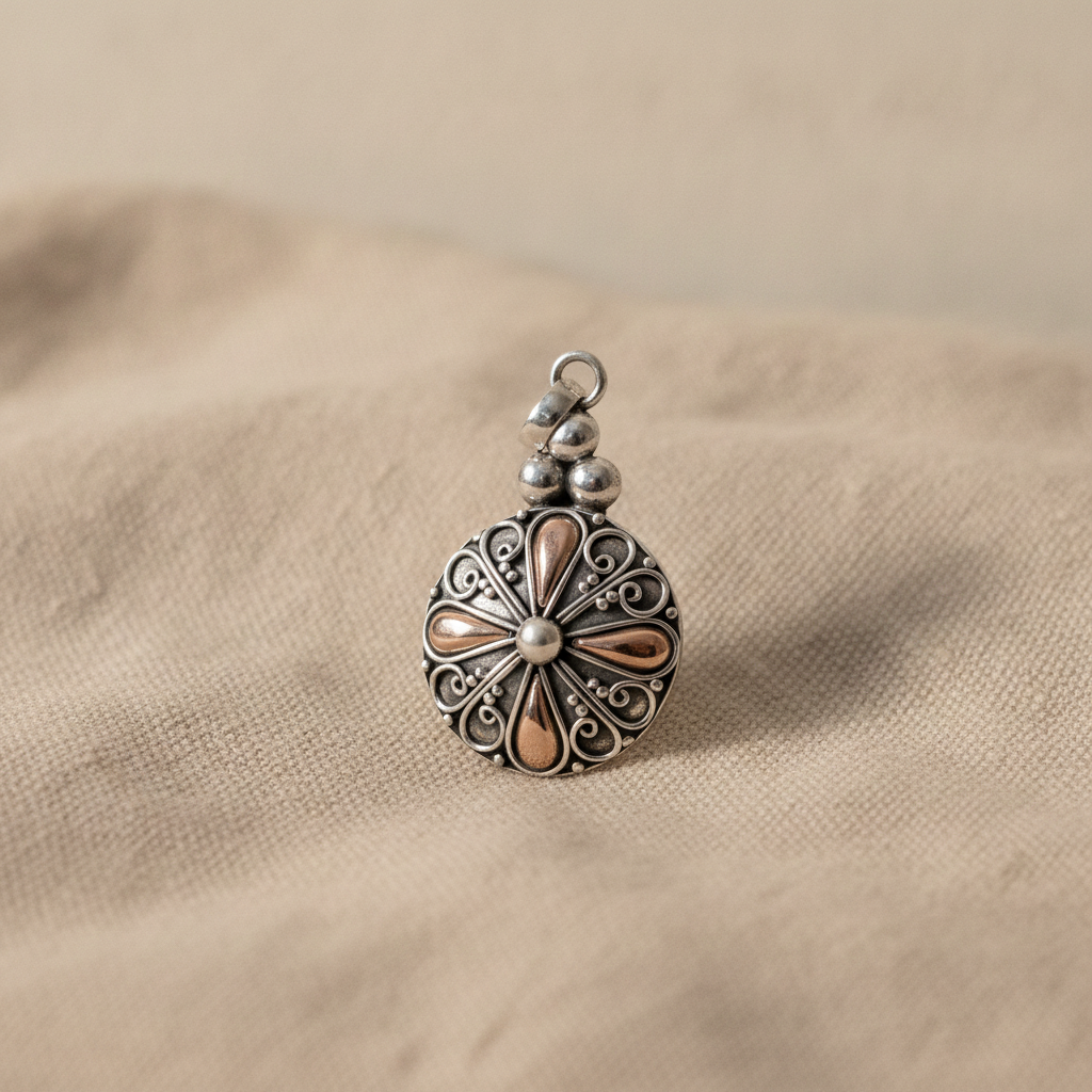 Silver and gold classic round filigree pendant on natural linen