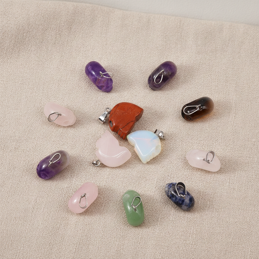 Twelve assorted gemstone mini skull pendants on natural linen